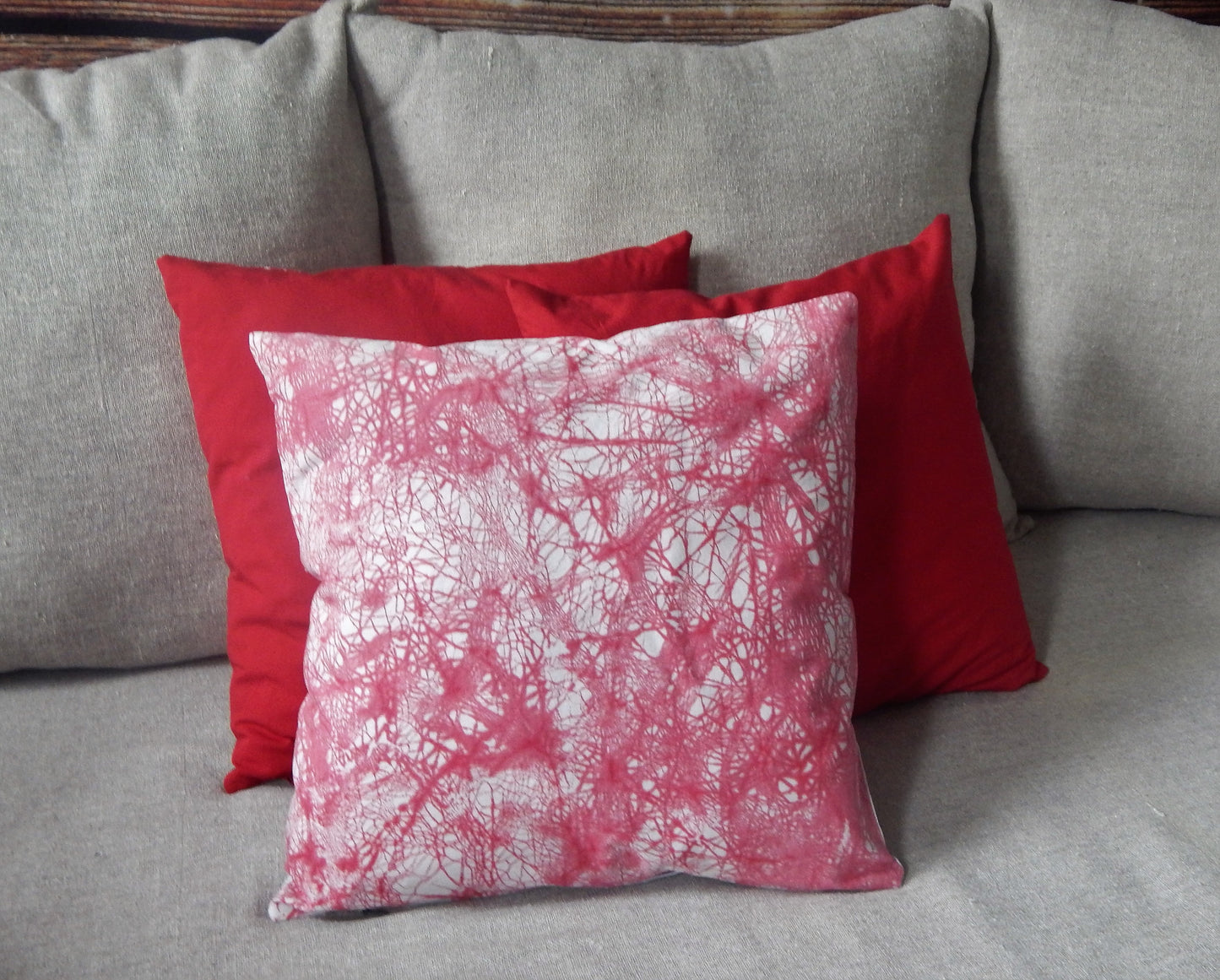 Red Crackle on Grey Batik Pillow Cover