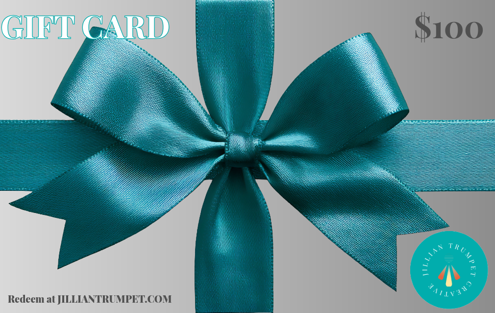 Teal gift card with a large bow on a gray background