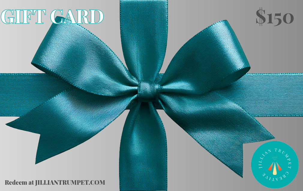 Teal gift card with a large bow on a gray background