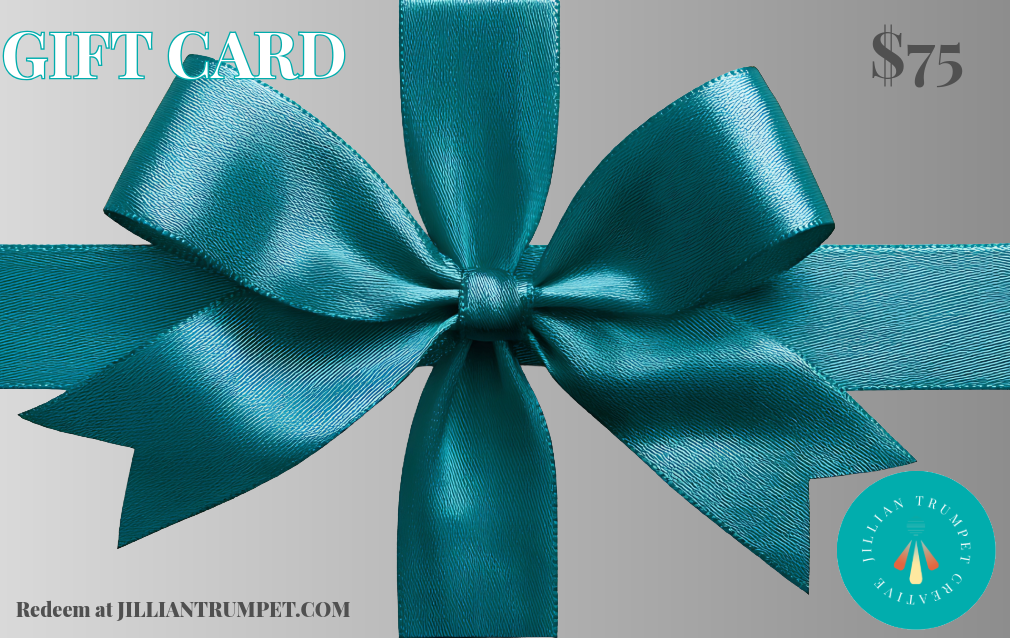 Teal gift card with a large bow on a gray background