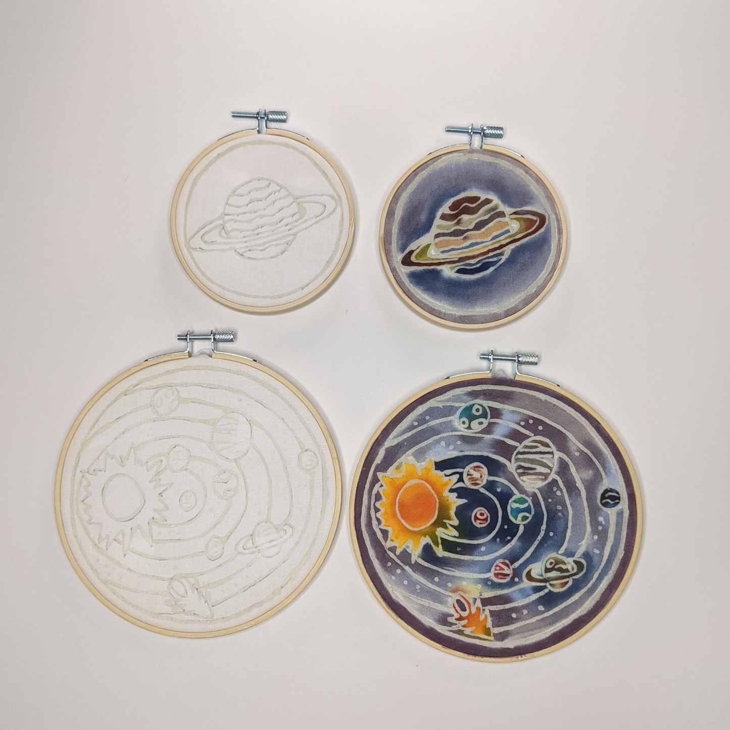 Solar System & Saturn Batik Painting Kit – DIY Fabric Art Craft Kit (6” + 4” Hoops) | Handcrafted Batik Painting Experience